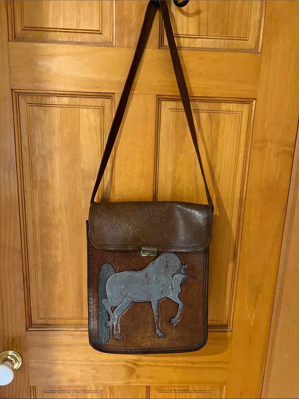 Artisan Brown Leather Crossbody Bag with Gray Unicorn.